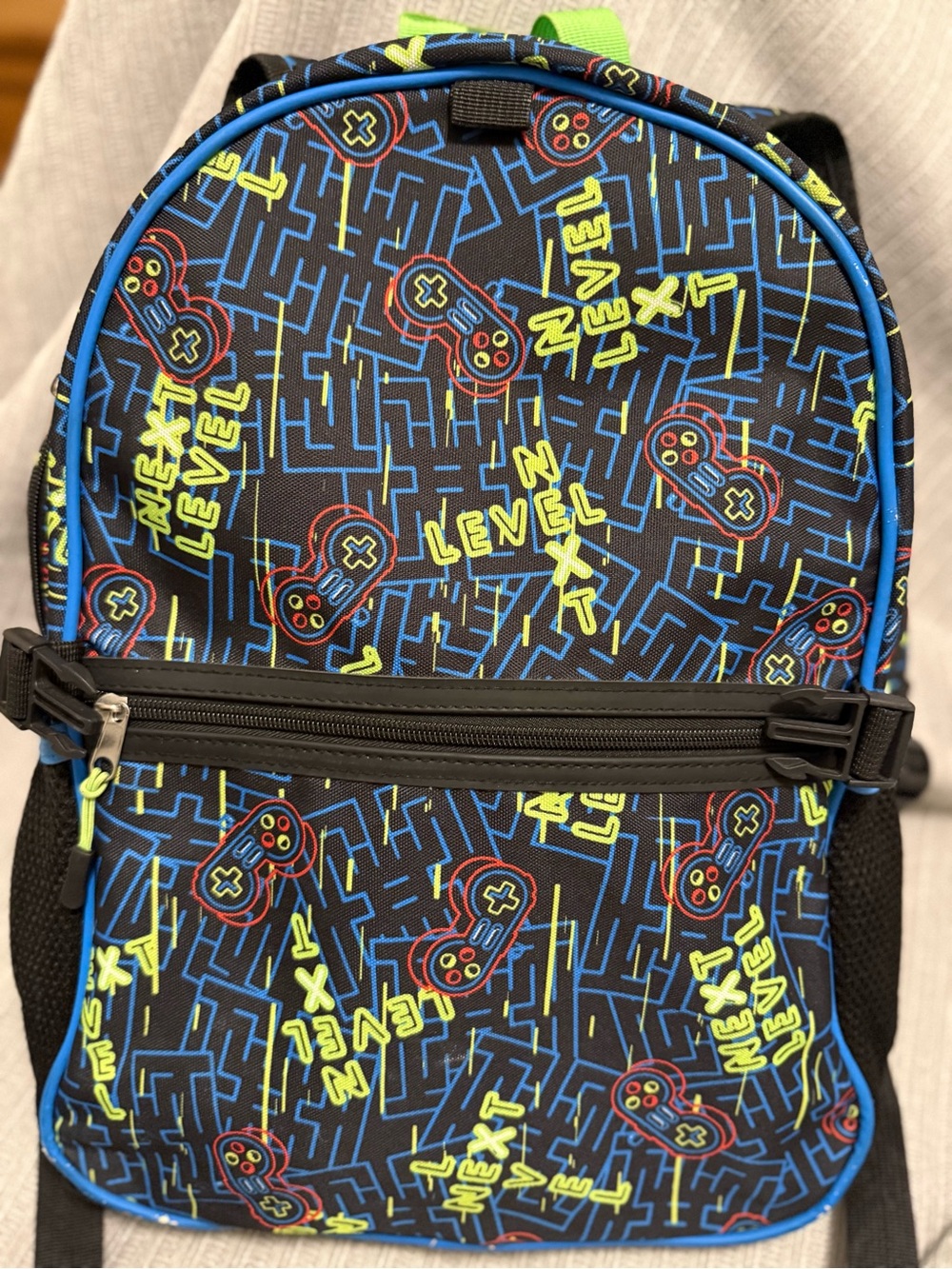 Gaming Print Backpack - Black/Blue with Neon Yellow Accents